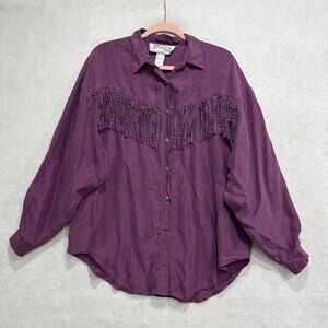 Nuggets Shirt Womens L Purple 100% Silk Western Fringe Button Down Boho Blouse
